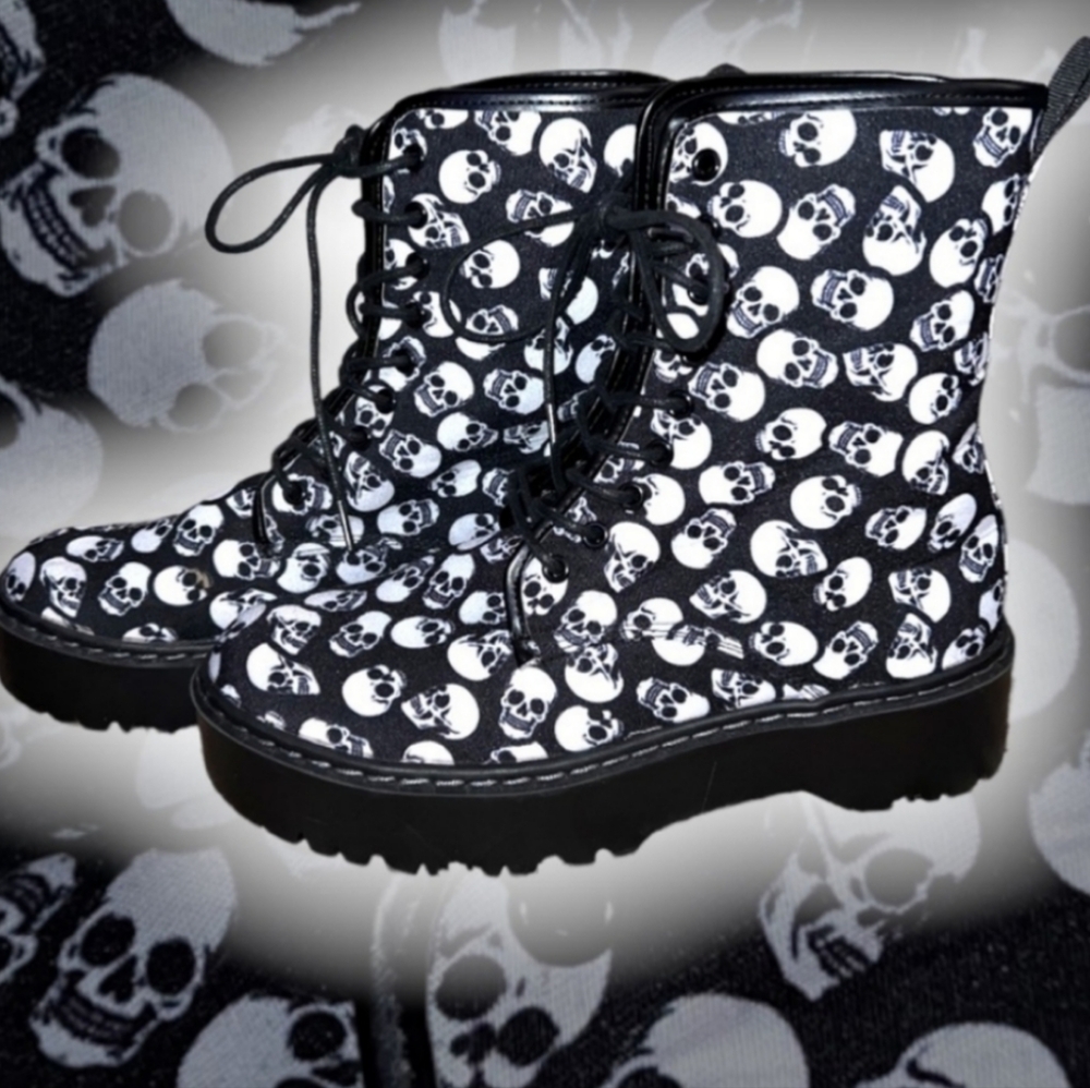 Black and white lace up skull boots